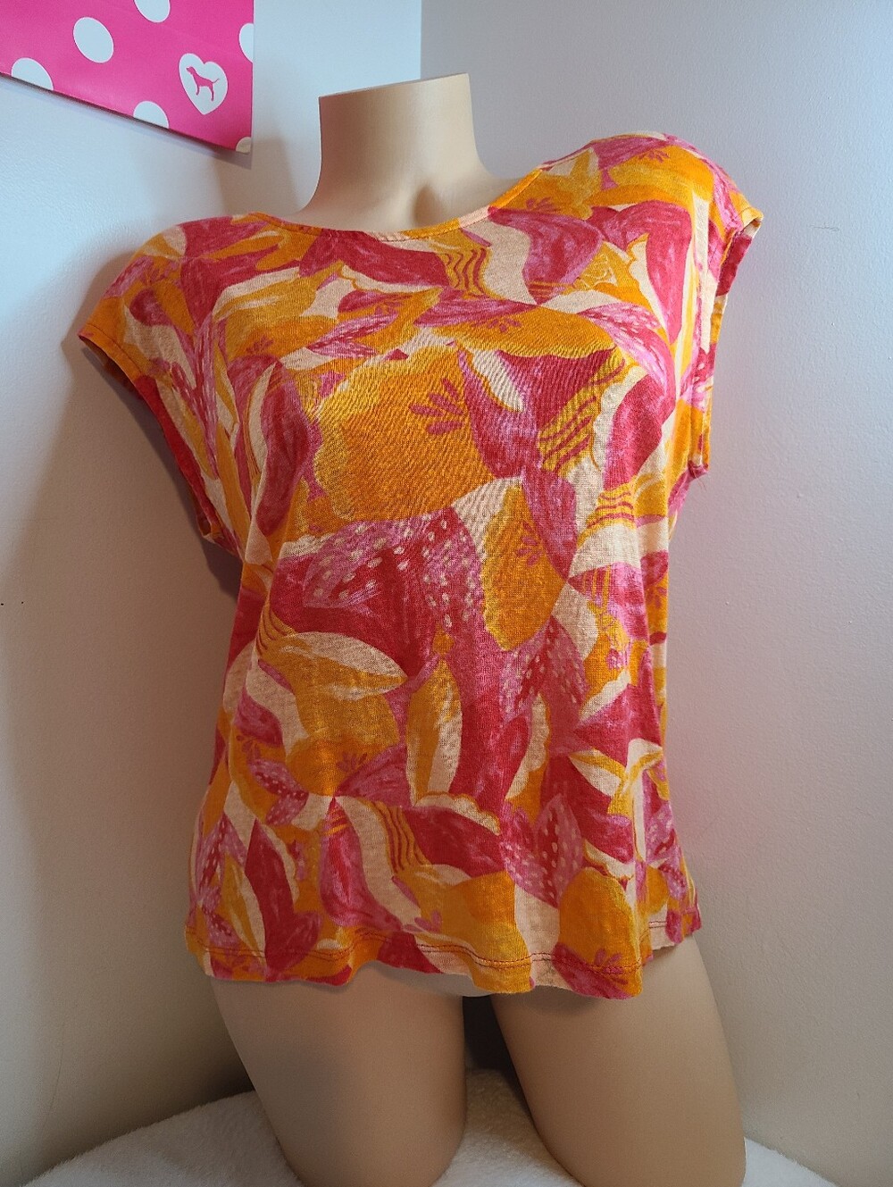Cynthia Rowley 100% Linen Casual Short Sleeve Top Size M Pink Orange